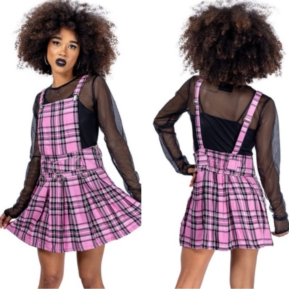 HEARTLESS Faye Checker Plaid Pinafore Dress Overalls Fit And Flare Pink Black S